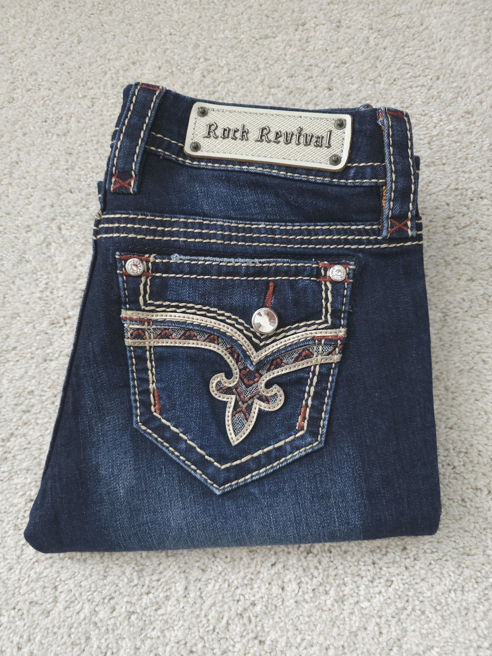 Rock Revival Dark Indigo Bootcut Jeans with Embroidered Accent Size 26x32